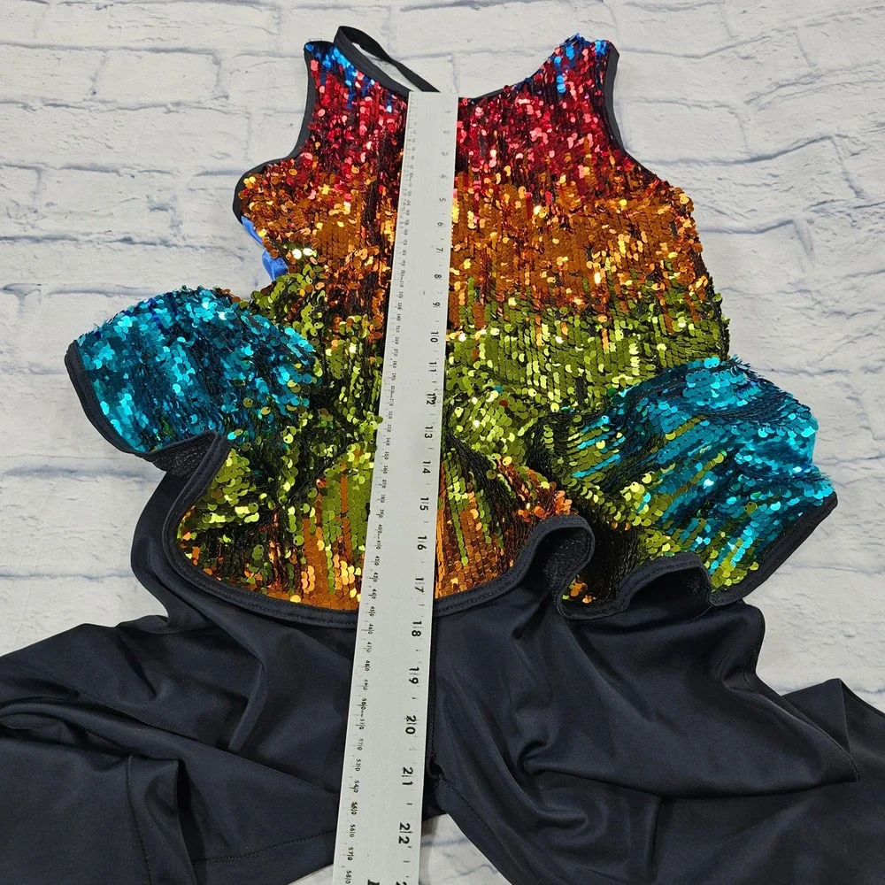 Weissman Rainbow Sequin Dance Unitard SIZE XLC Multicolor Peplum Skirt 10576